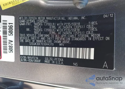 2012 Toyota Sienna Le 7 Passenger z USA, uszkodzony, nr VIN 5TDJK3DC1CS044319